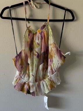 Forever 21 White Tie-Dye Halter Camisole with Purple & Yellow Accents